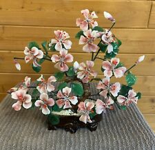 Jadite Stone Bonsai Tree Pink Blooms Red Centers Potted picture