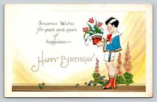 Happy Birthday Embossed Postcard Boy Holding Flower Pot picture