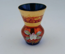 Vintage Bohemian Style Blue Glass Gold Gilded Enamel Flower Mini Vase picture