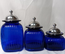 Vintage Artland Apothecary Canister with Pewter Lid Ribbed Cobalt Blue Glass (3) picture