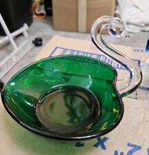 Vintage Green Duncan & Mill Glass Swan Candy Dish  Trinket Dish Candle Holder picture
