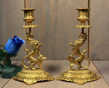 Antique French Gilt Bronze Candlestick PAIR Candle Holder Victorian Figural Lion picture