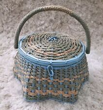 VINTAGE Blue & Sage Wicker Sewing Basket w/ Tray Insert & Handle Scalloped Edge picture