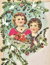Vintage C 1910 Merry Christmas Glitter Embossed Postcard Boy Girl Adorned Flower picture
