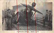 TAWAS CITY Michigan postcard RPPC saw mill tractor crashed in bridge named men picture