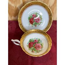 Vtg EB Foley 1850 Bone China Teacup & Saucer Cabbage Roses Elegant Gold Trim picture