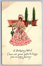 Postcard Birthday Greetings Lovely Wish Lady In Pink Dress VTG c1911  H20 picture