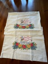 Vtg Pillowcases Hand Embroidered Geese Cottage 1950’s Farm Estate Find Pair picture