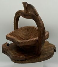 VTG Hand Carved APPLE Collapsible Wooden Basket Folding Bowl 10