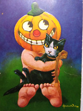 Halloween Postcard Fantasy Goblin Pumpkin Holds Black Cat Bernhard Wall Ullman picture