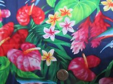 OOP Hawaiian WHITE RED PINK YELLOW FLOWERS On BLUE 2000's COTTON Fabric -  2 yd picture