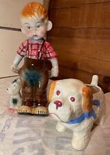 Vintage ceramic boy w/BIG cheeks w/dog & Vintage ceramic dog planter picture