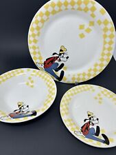 Disney Gabbay Gibson Mickey & Co Goofy Yellow Checkered Plates Bowl Set of 3 Vtg picture