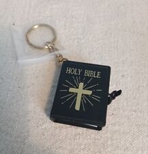 NOS Vintage Black Miniature English Holy Bible Keychain Gold Cross picture