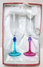 Cristalleria Fratelli Fumo Champagne Flute Glasses blue pink/purple Set 2 Italy picture