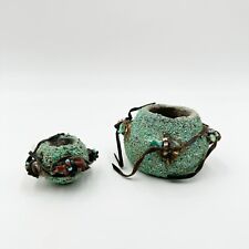 2 Small Vintage Native Zuni Fetish Pots Turquoise Encrusted picture