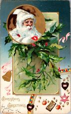 Postcard Santa White Robe Tucks Christmas Greetings Candy c1906 Hancock New York picture