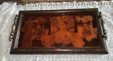Atq Wooden Lacquer Tray 1800’s French Women & Floral Design Brass Handle13x7x2.5 picture
