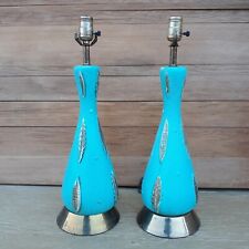 Pair Mid Century Modern Pottery Lamps Turquoise Blue picture