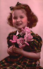 Vintage Postcard Beautiful Little Girl Checkered Dress With Flowers Headband picture