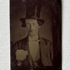 Antique Tintype Photograph Handsome Man Top Hat Cigar Holding Card Magician? picture