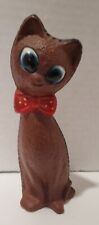 VTG Ceramic brown cat with painted black stitching and a red bow. Big Eyes picture