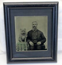antique FULL PLATE Tintype Photograph OLD MAN & DOG Seated LARGE Framed Old picture