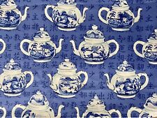 Gaston Y Daniela Estampado a mano Fabric “Vung Tau” Blue Tea Pots 3yds x 63 picture