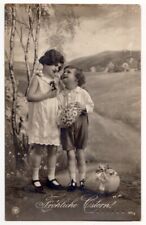 Easter Greetings, Frohliche Ostern c1915 Boy and Girl, giant Easter eggs, photo picture