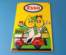 Vintage Esso Gasoline Porcelain Sign - Oil Drop Boy Scooter Vespa Gas Pump Sign picture