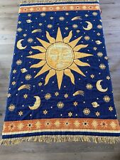 Vtg 90s Celestial Throw Blanket Sun Moon Stars Blue Yellow Reversible Tapestry picture