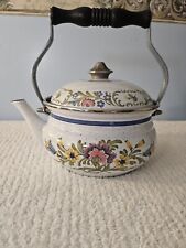 ASTA Enamelware Kettle Floral Teapot Wood Handle Enamel Tea Pot Germany picture