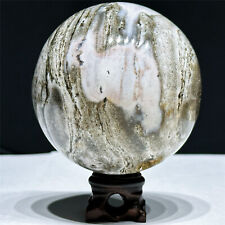 86MM 1.9LB Natural Druzy Ocean Jasper Sphere Quartz Crystal Ball Healing +Stand picture