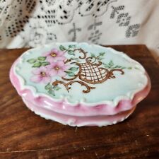 Vintage Hand Painted Oval Trinket Box Pink Flower Brown Scrolls Swirls Signed  picture