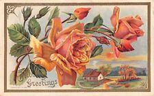 Lovely Yellow Roses Above a Rural Home Scene on Old Birthday Postcard - No. 485 picture