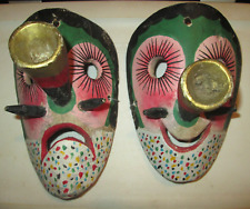 2 OLD WOOD MEXICAN MASK WALL HANGING FOLK ART RUSTIC COLORFUL BOHEMIAN HAPPY SAD picture