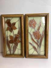 Set of 2 Vintage MCM Turner Stained Glass Floral Decorative Hanging Art 12”x 6” picture