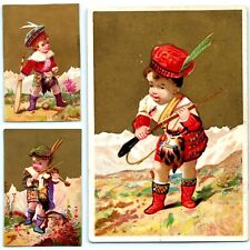 x3 LOT 1880s Boy European Dress English Plaid Kilt Violin Rifle Trade Card C15 picture