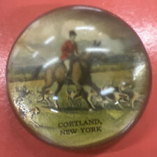 Cortland New York NY Fox Hunting Beagles Horse Glass Paperweight Round 1900’s picture