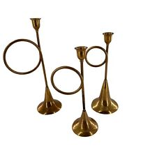 Brass Horn Candle Holders Set 3 Trumpet Music Stick India MCM Hollywood Gold picture