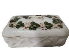 Lg Antique Handpainted Quilted Ivy Gold Trim Floral Milk Glass Vanity Glove Box  picture