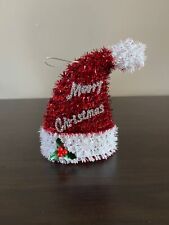 Vintage Chenille Pipe Cleaner Ornaments Christmas Santa Hat Tinsel Beads picture