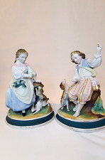 ANTIQUE PAIR PORCELAIN STATUE FIGURINE BOY WITH DOG GIRL WITH RABBIT RARE FIND picture