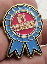 VTG Lapel Pinback Gold Tone #1 Teacher Ribbon Shaped Pin Blue Red Enameled  picture