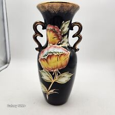 Vintage Handpainted Flowers Gold Gilding Vase Handles Tulips Black 10
