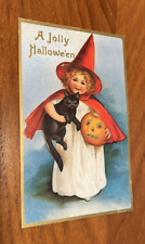 Vintage 1986 Merrimack Embossed Halloween Postcard Girl Witch Black Cat picture