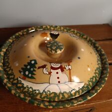 Vintage LTD Commodities Ceramic Pie Dish w/Lid, Snowman, Spongeware, Country picture