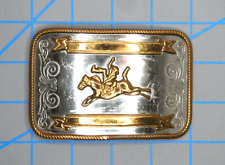 Vintage Rodeo Bronc Riding Cowboy Western Trophy Nickel Silver Belt Buckle picture