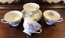 FAVOLINA POLAND VTG PINK LAVENDER ROSES GOLD TRM LOT OF 4 FOOTED CUP & SAUCERS picture