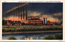 Steel Mill at Night, Pittsburgh, Pennsylvania- 1936 Linen Postcard picture